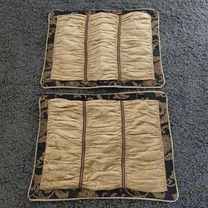 2 Ashley‎ Standard Pillow Shams Tan Cinched Tuffed Jacquard 26x20 Luxury Bolster
